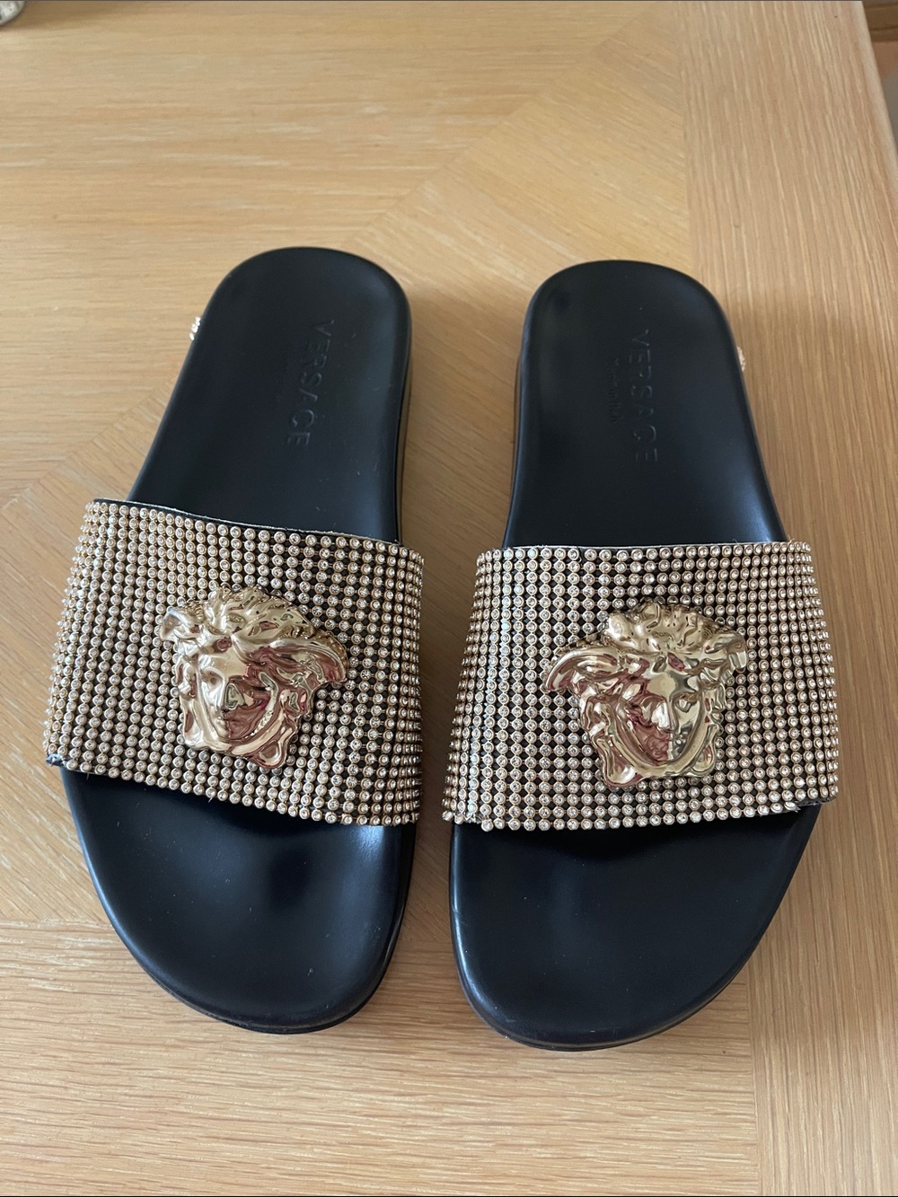 Medusa Gold & Black Crystal Slides